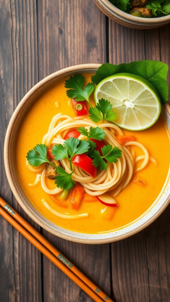 A bowl of coconut curry ramen with noodles, vegetables, and cilantro, garnished with lime, on a wooden table.